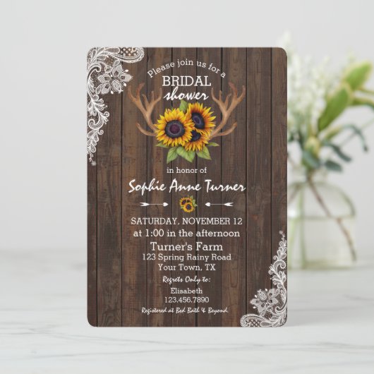 Boho Zonnebloemen Geweien Houten Kant Bruiloftsfee Kaart (Staand voorkant)