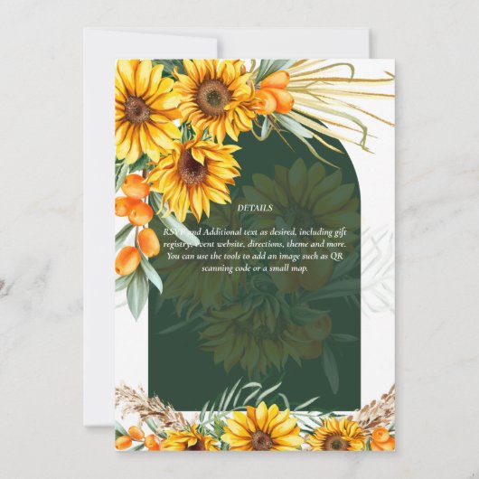 Boho Zonnebloemen Pampasgras Smaragdgroene Trouwfe Kaart (Achterkant)