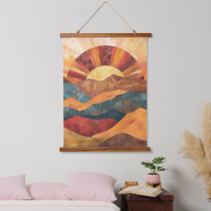 Boho zonsondergang over bergen - Retro aards lands Hangend Wandkleed