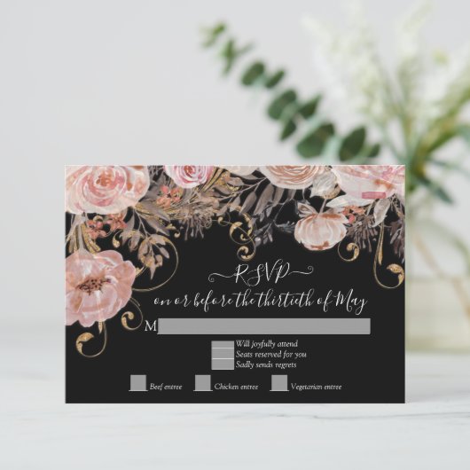 Boho Zwart Bloem Roze Rose Goud RSVP Aangepaste Ac Kaartje (Staand voorkant)