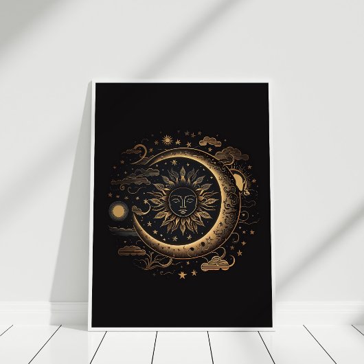 Boho Zwart Koper Zon en Maan Wall Art Poster