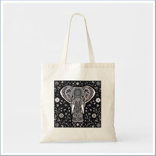 Boho zwart-wit batik olifant tote bag