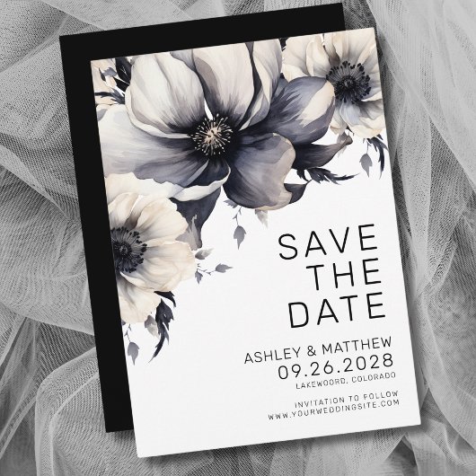 Boho Zwart Wit Bloemen Bruiloft Save The Date