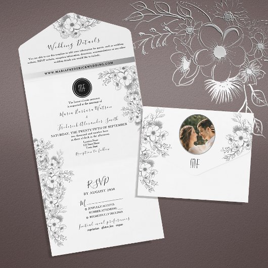 Boho Zwart-wit bruiloft All In One Uitnodiging