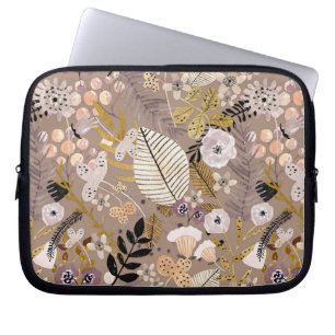 Boho Zwart Wit Goud Perzik Lijn Getekend Blad Bloe Laptop Sleeve