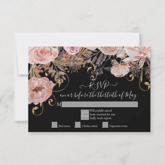 Boho Zwarte Bloem Roze Roze Goud RSVP Aangepaste A Kaartje (Voorkant)