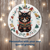 Boho Zwarte Kat in Winter Sweater Kerstmis Keramisch Ornament