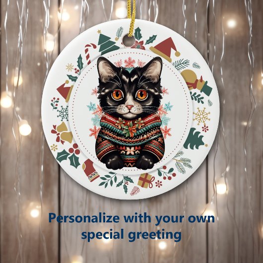 Boho Zwarte Kat in Winter Sweater Kerstmis Keramisch Ornament