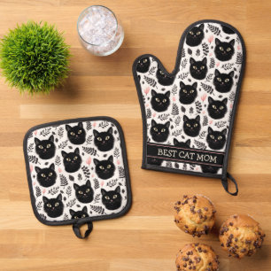 Boho zwarte katten en bladeren patroon beste moede ovenwant & pannenlap set