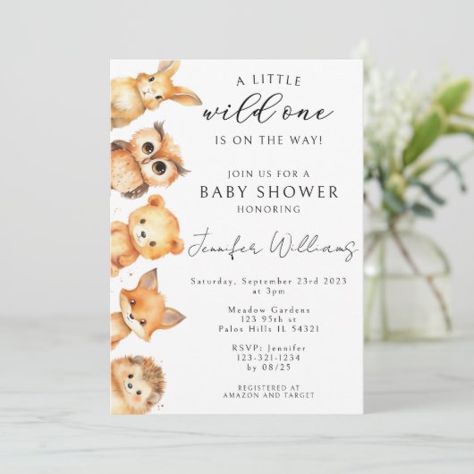 Bois animaux automne bébé garçon douche invitation (Debout devant)