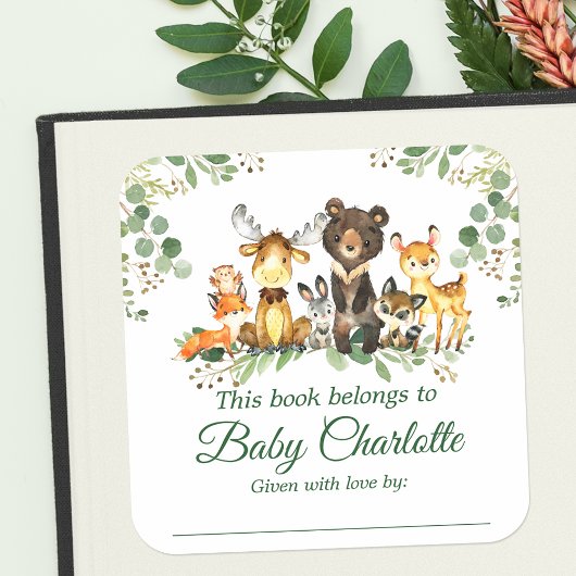 Bois Animaux Baby shower Green Bookplate Étiquette