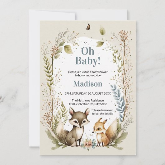 Bois Animaux Baby shower Invitation Aquarelle (Devant)