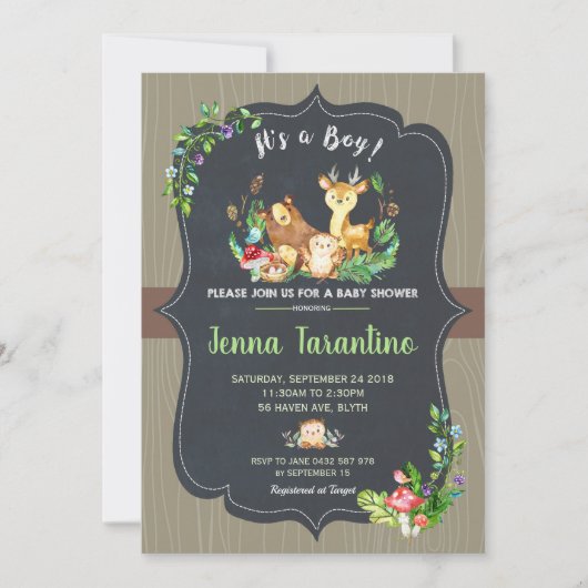 Bois Animaux Baby shower Invitation Garçon (Devant)