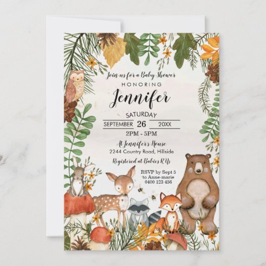 Bois Animaux Baby shower Invitation Végétation (Devant)