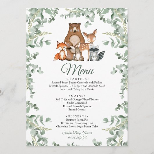 Bois Animaux Baby shower verdure Menu (Devant)