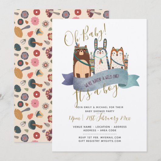 Bois Animaux Baby showers Invitations - C'est un g (Devant / Derrière)
