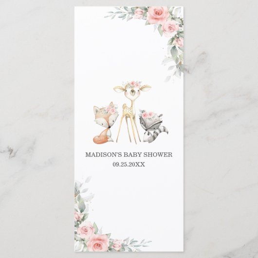 Bois Animaux Blush Floral Greenery Menu Douche (Dos)