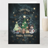 Bois Animaux Snowman Noël Carte bleue Turquoise (Devant)