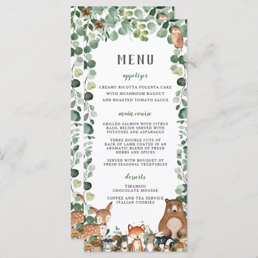 Bois Animaux Végétation Baby shower Party Menu (Devant / Derrière)