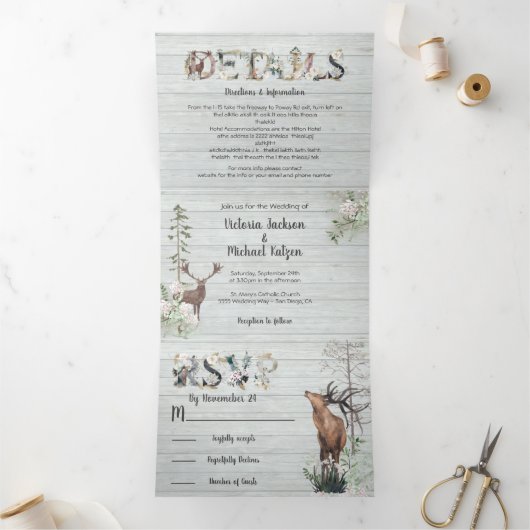 Bois Aquarelle Forêt Mariage Tri-Fold Invita (Intérieur)