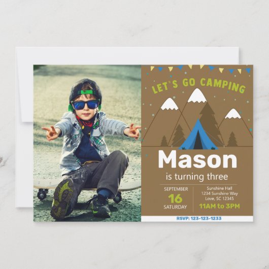 Bois Blue Camping Invitation d'anniversaire avec p (Devant)
