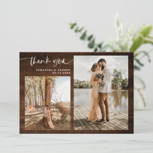 Bois brun rustique script 5 photo merci mariage (Debout devant)