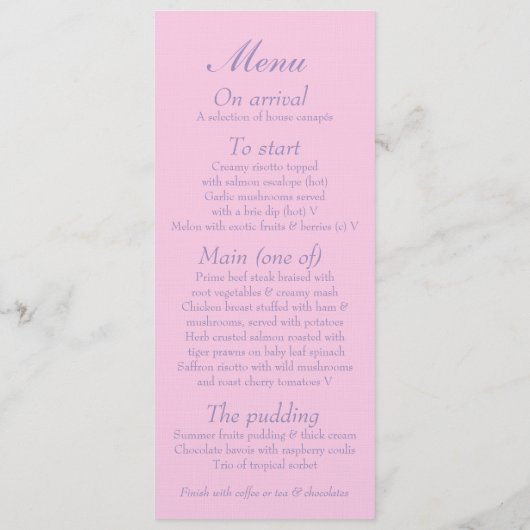 Bois cage violet rose mariage menu du dîner (Dos)