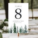 Bois | Carte de numéro de table personnalisée<br><div class="desc">Les cartes de numéro chic Wintry woodland comprennent un regroupement de pins aquarelles en vert chasseur et vert sauge. Personnalisez avec chaque numéro de table, avec vos noms et la date mariage en dessous. Le design se répète à l'envers. Coordonné avec notre suite de faire-part de mariage de Timber Grove....</div>