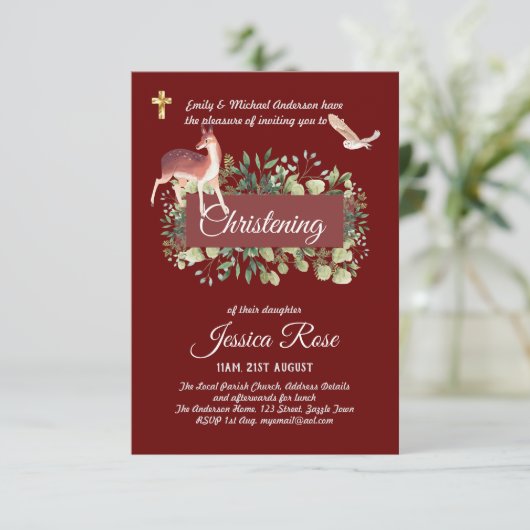 Bois Chouette Cerf Christening Invitations Baptême (Debout devant)