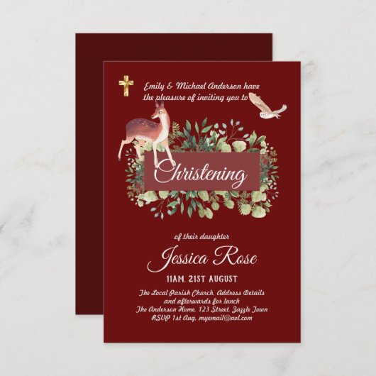 Bois Chouette Cerf Christening Invitations Baptême (Devant / Derrière)