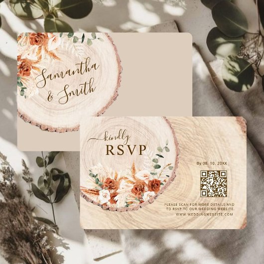 Bois coupé Grain QR Code Mariage rustique Carte RS