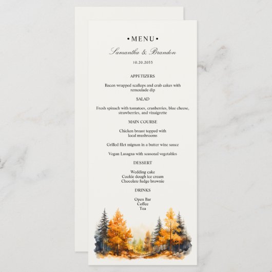 Bois d'automne, Forêt d'automne Mariage Dîner Menu (Devant / Derrière)