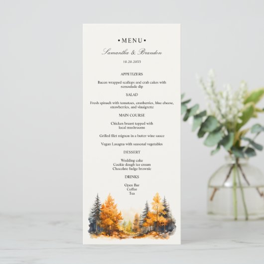 Bois d'automne, Forêt d'automne Mariage Dîner Menu (Debout devant)