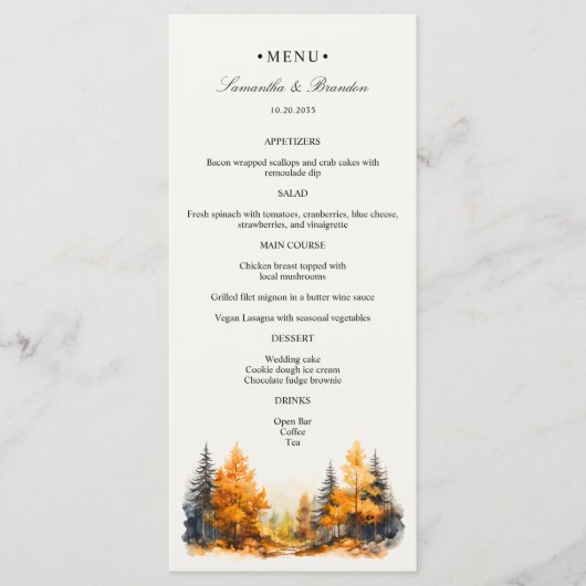Bois d'automne, Forêt d'automne Mariage Dîner Menu (Devant)