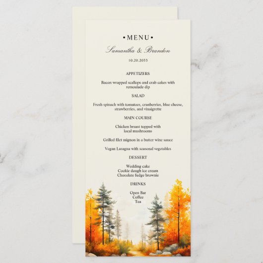 Bois d'automne, Forêt d'automne Mariage Dîner Menu (Devant / Derrière)