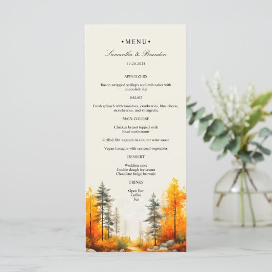 Bois d'automne, Forêt d'automne Mariage Dîner Menu (Debout devant)