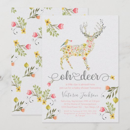Bois Floral Oh Deer Baby shower Invitation (Devant / Derrière)