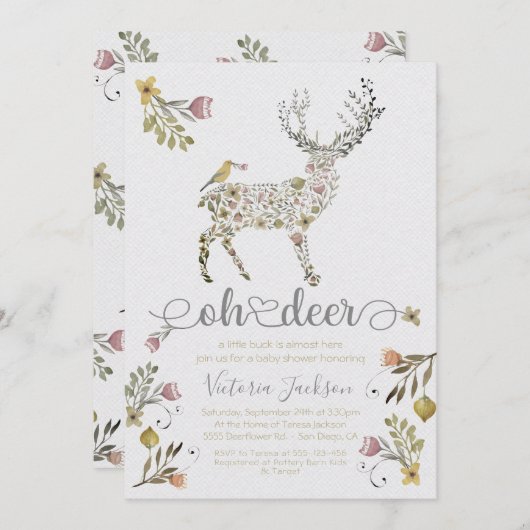 Bois Floral Oh Deer Baby shower Invitation (Devant / Derrière)