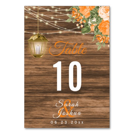 Bois, lanternes et fleurs orange | Cartes de table (Dos)
