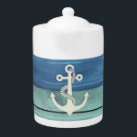 Bois nautique Turquoise Bleu Blanc Ancre<br><div class="desc">Teapot avec un design en bois et ancre blanc turquoise et bleu. Parfait pour votre maison de vacances ou de location de plage côtière ou pour votre cuisine nautique/à thème de plage.</div>