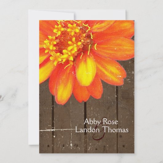 Bois Planks Orange Zinnia Faire-part de mariage (Dos)