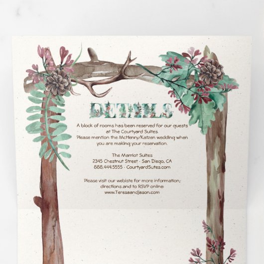 Bois rustique Aquarelle Forêt Mariage Tri-Fold (Intérieur en premier)