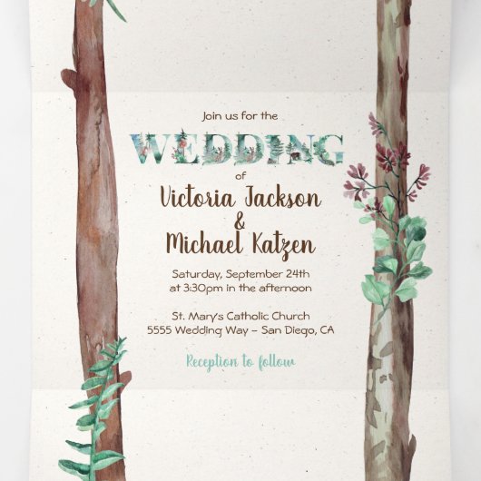 Bois rustique Aquarelle Forêt Mariage Tri-Fold (Intérieur au milieu)