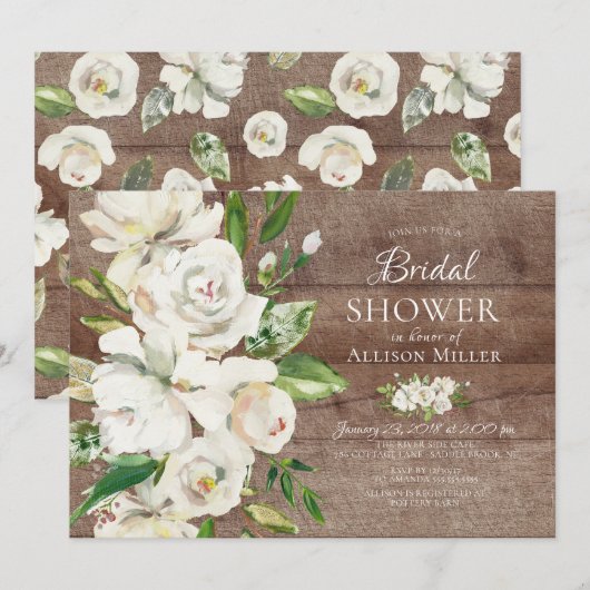 Bois rustique Blanc Floral Invitations de douche n (Devant / Derrière)