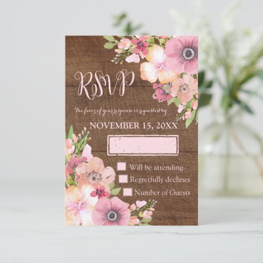 Bois Rustique Fleurs roses Mariage RSVP (Debout devant)