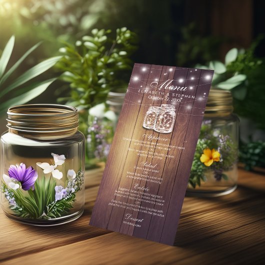 Bois rustique & Mason Jar String Lights Menu Maria