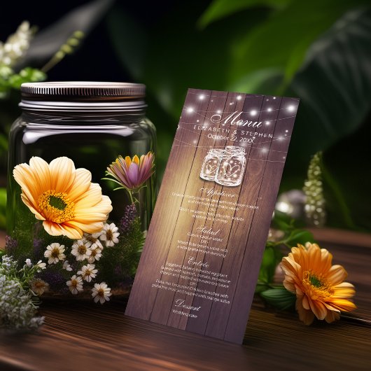 Bois rustique & Mason Jar String Lights Menu Maria