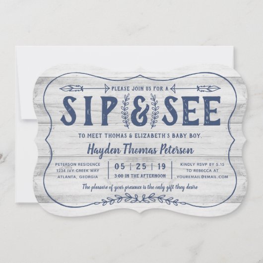 Bois rustique Sip et voir Baby shower Invitation (Devant)