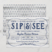 Bois rustique Sip et voir Baby shower Invitation (Devant / Derrière)