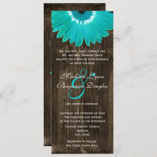 Bois rustique Turquoise Gerber Daisy Invitations d (Devant / Derrière)